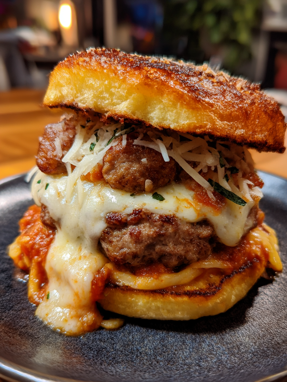 A sandwich with meat and cheese on a black plate.