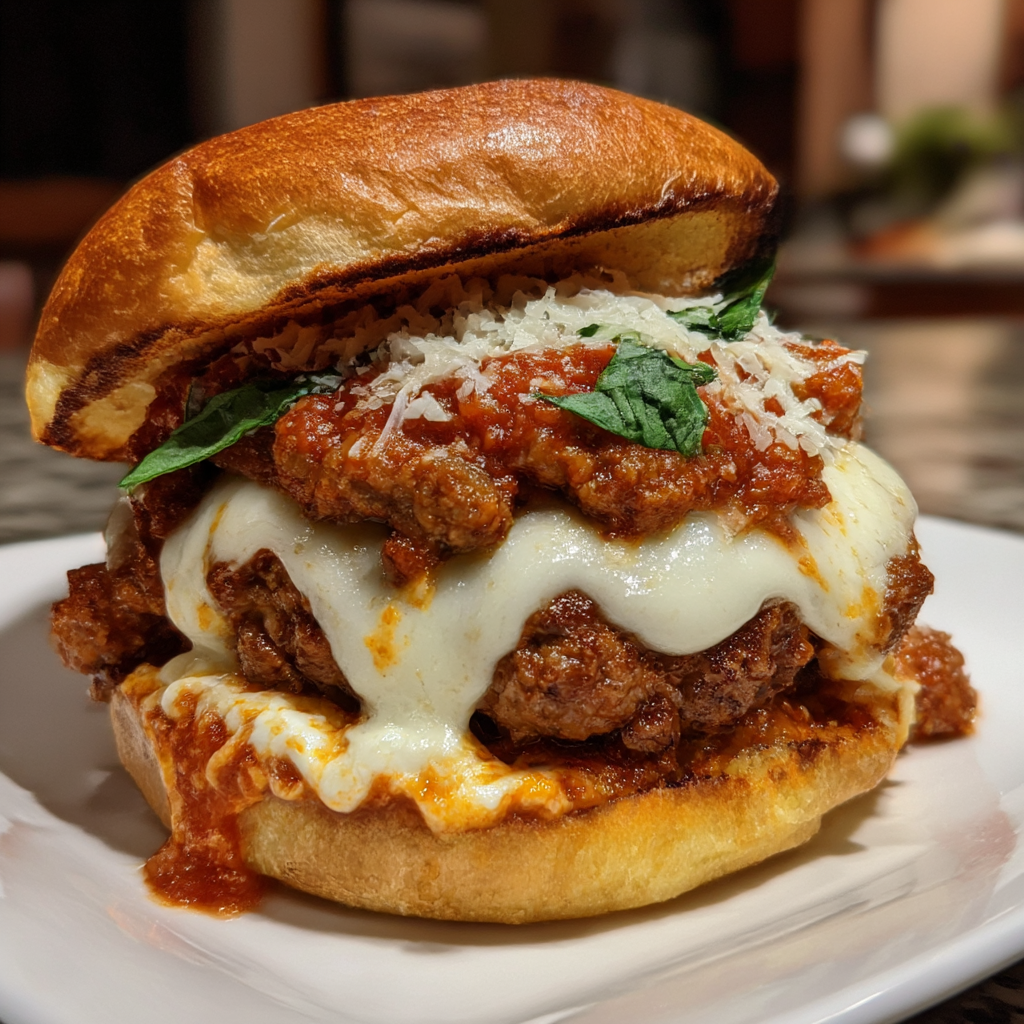 A sandwich with meat and cheese on a white plate.