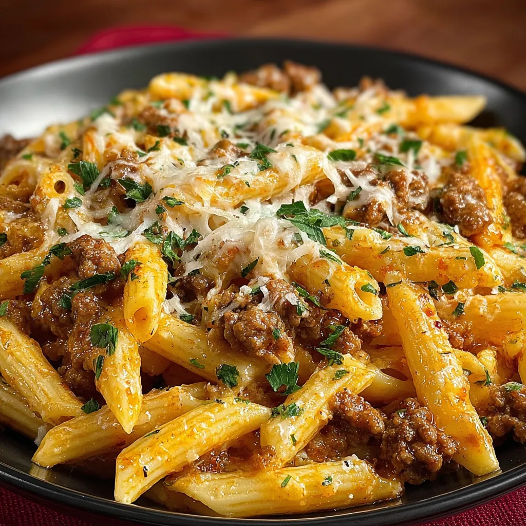 cheesy penne with garlic butter ground beef
