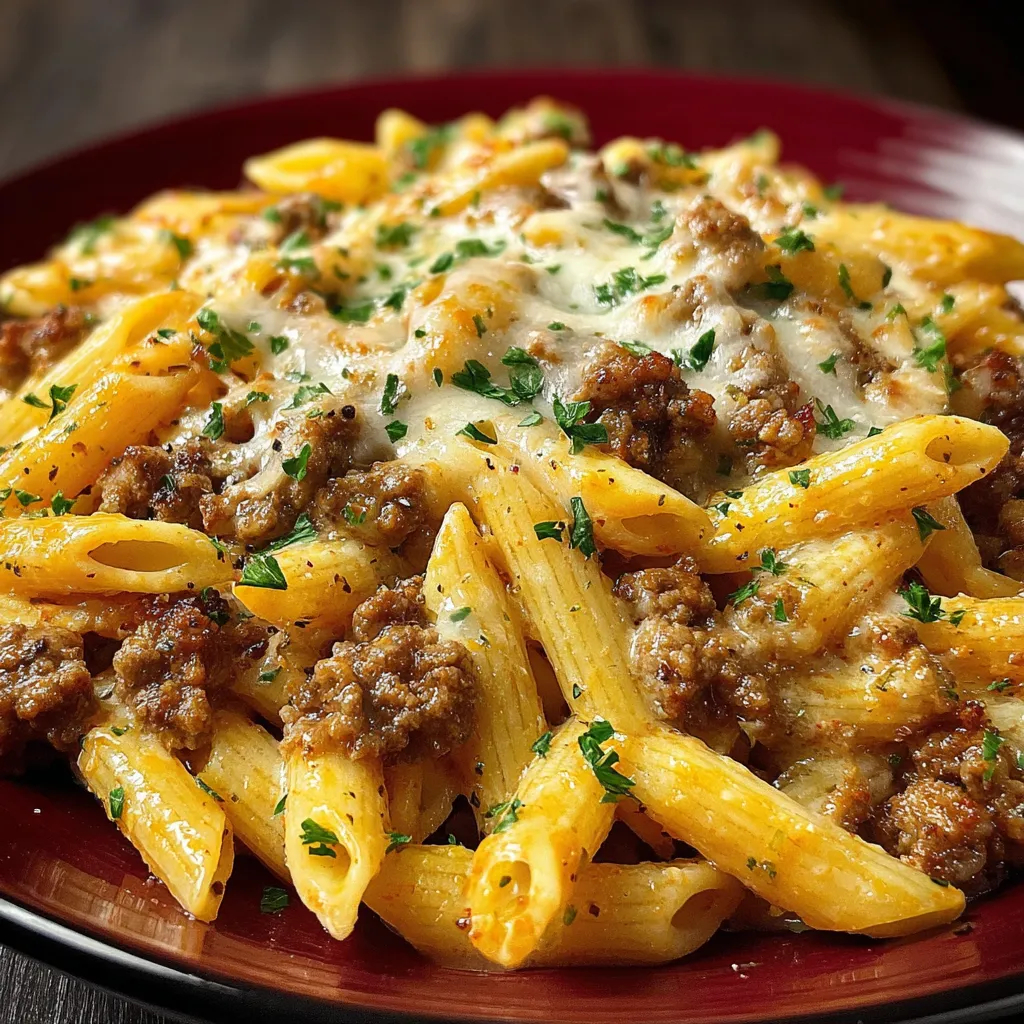 cheesy penne with garlic butter ground beef