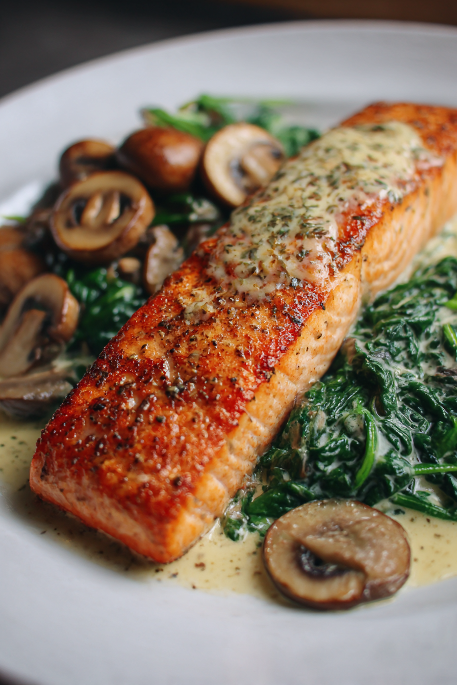 A plate of food with fish and mushrooms.