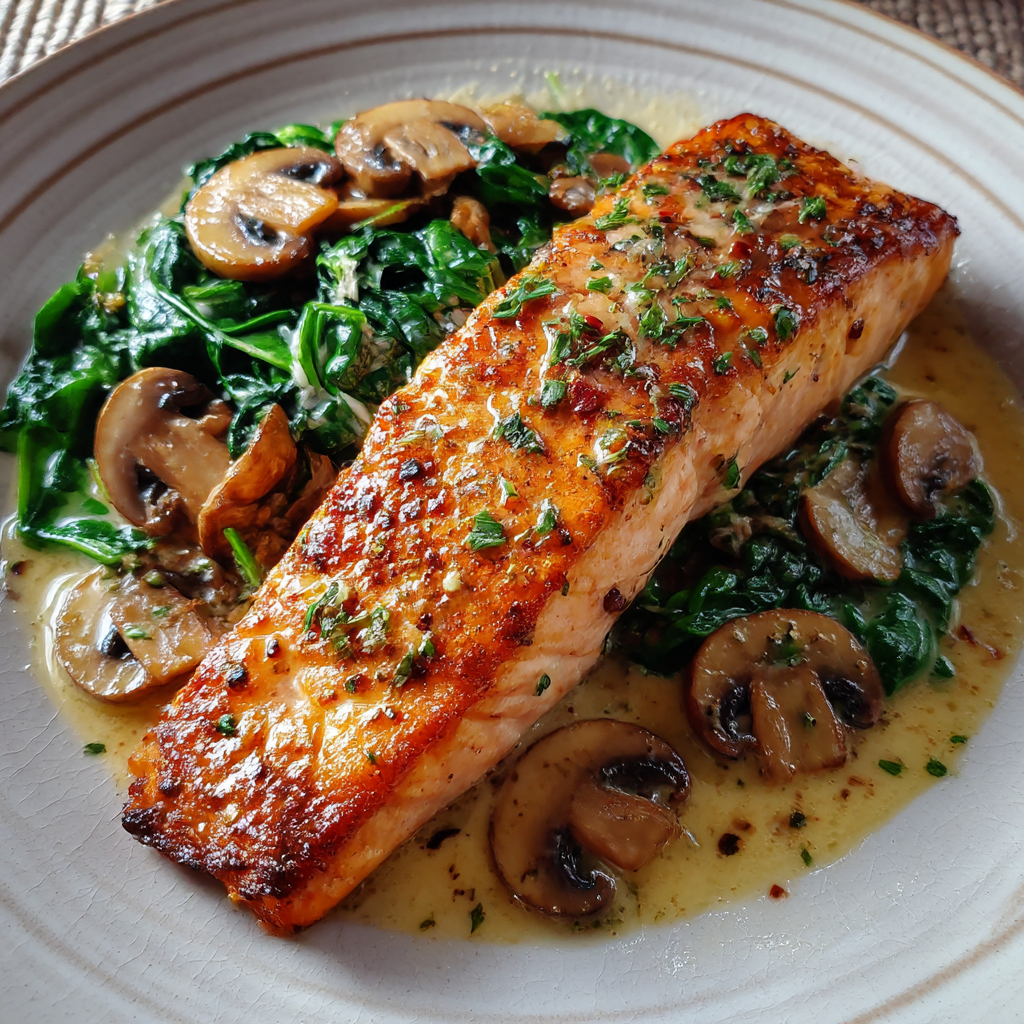 A plate of food with fish and mushrooms.