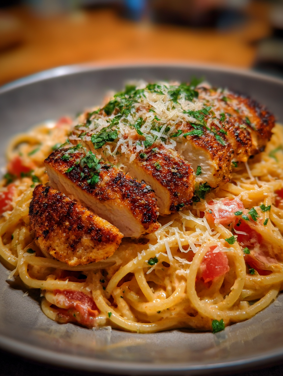 A plate of food with chicken and tomatoes.