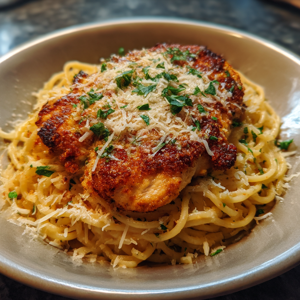 A plate of chicken and pasta.