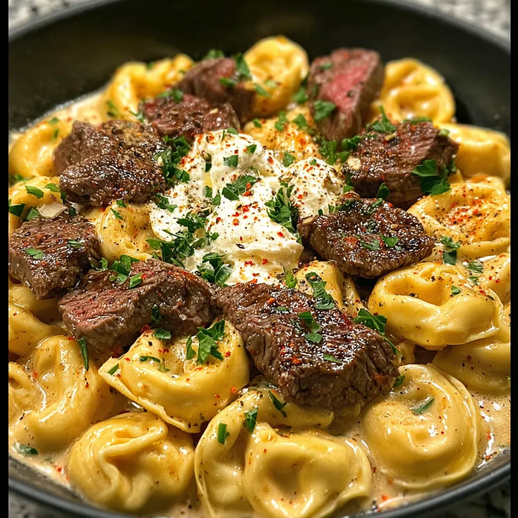 cheesesteak tortellini in rich provolone sauce