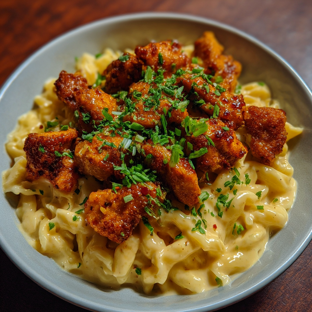 A bowl of pasta with chicken and herbs.