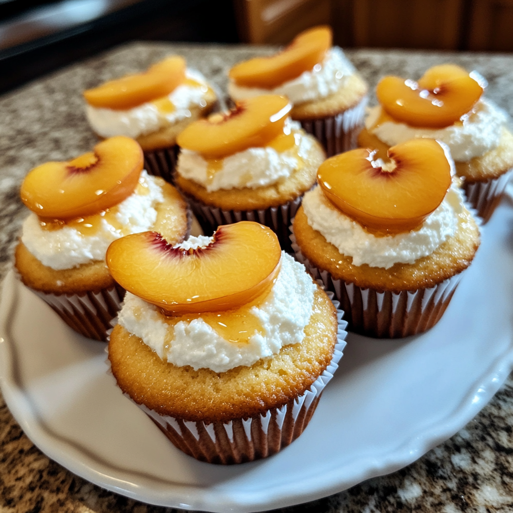 A plate of cupcakes with peaches on top.