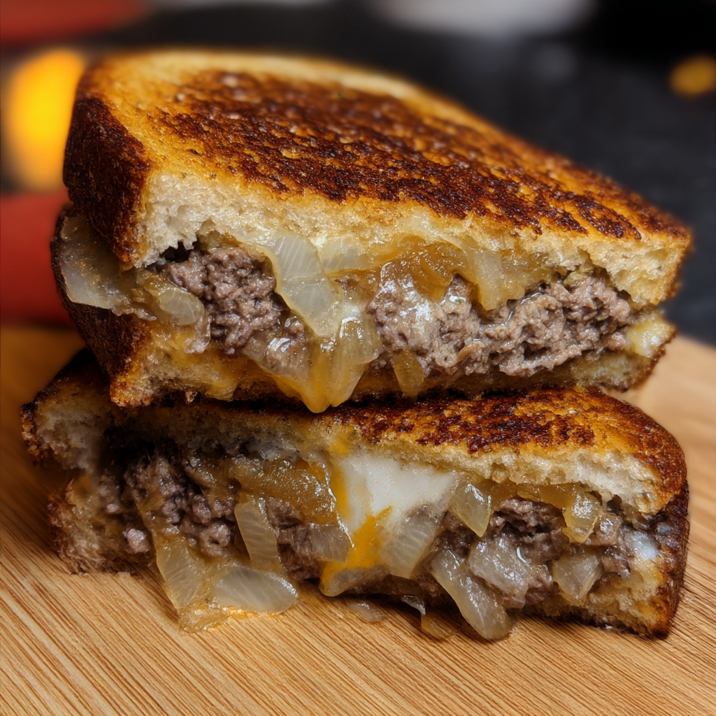 A sandwich with meat and onions on a wooden table.