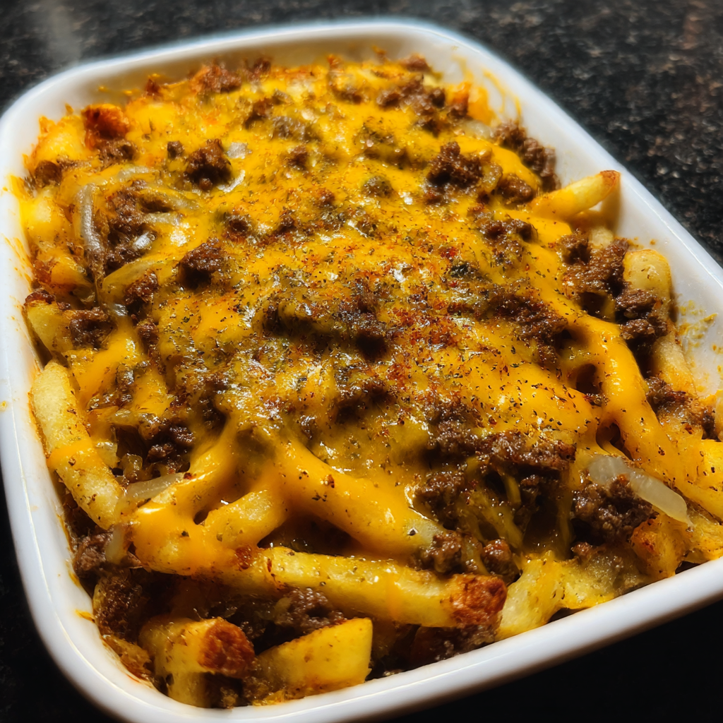 A white bowl filled with chili cheese fries.