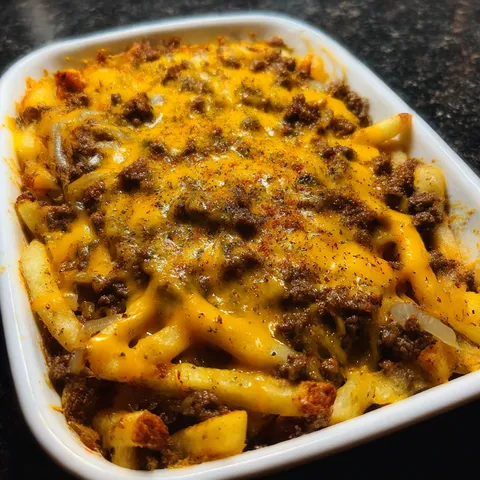 A white bowl filled with chili cheese fries.