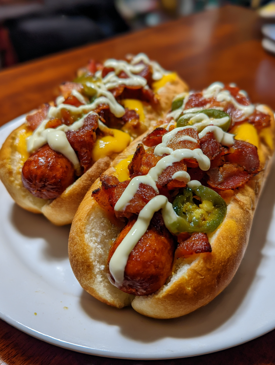 Two hot dogs with bacon and cheese on a plate.
