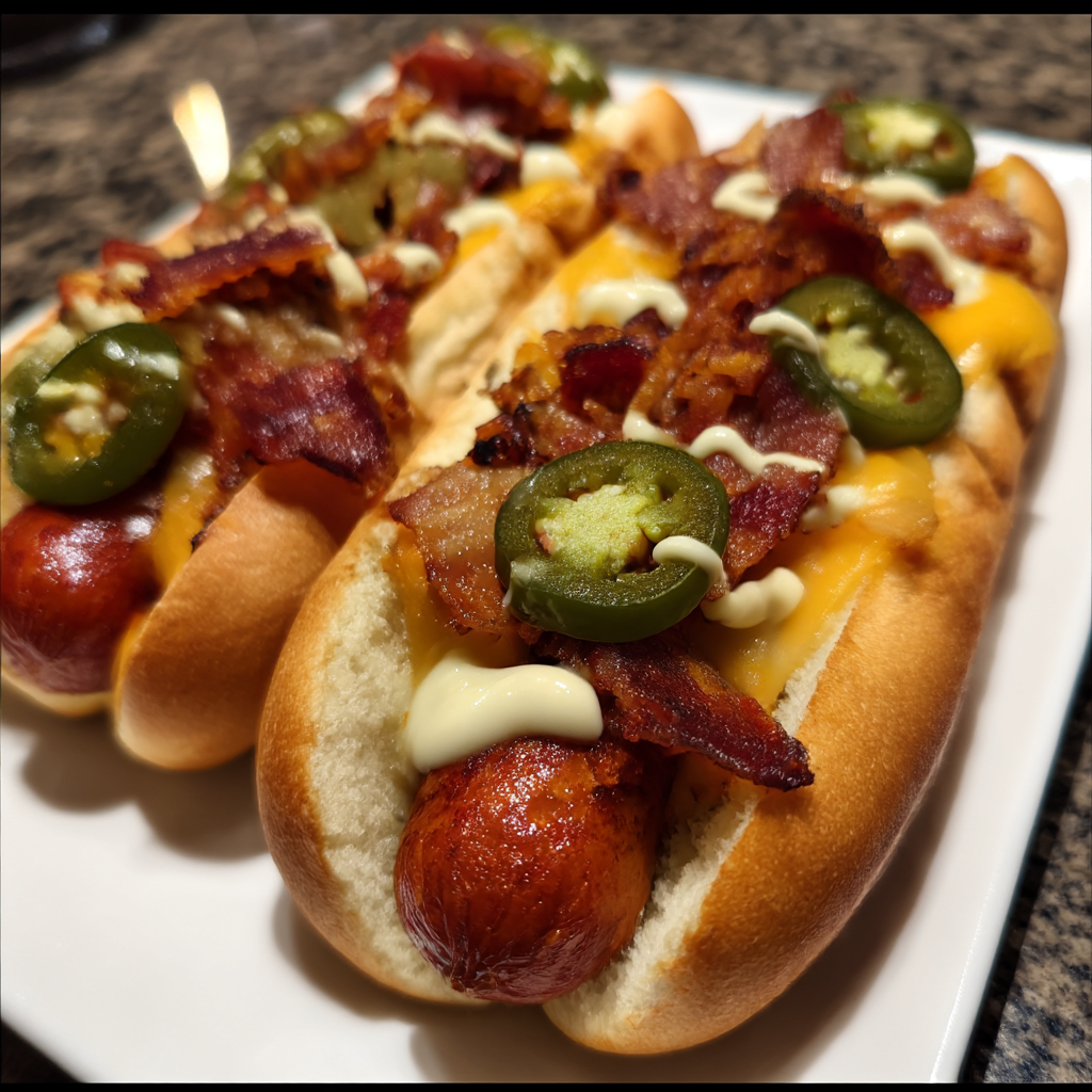 Two hot dogs with bacon and jalapenos on a plate.