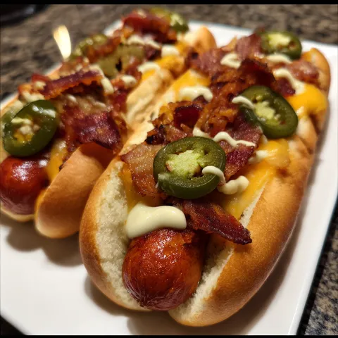 Two hot dogs with bacon and jalapenos on a plate.
