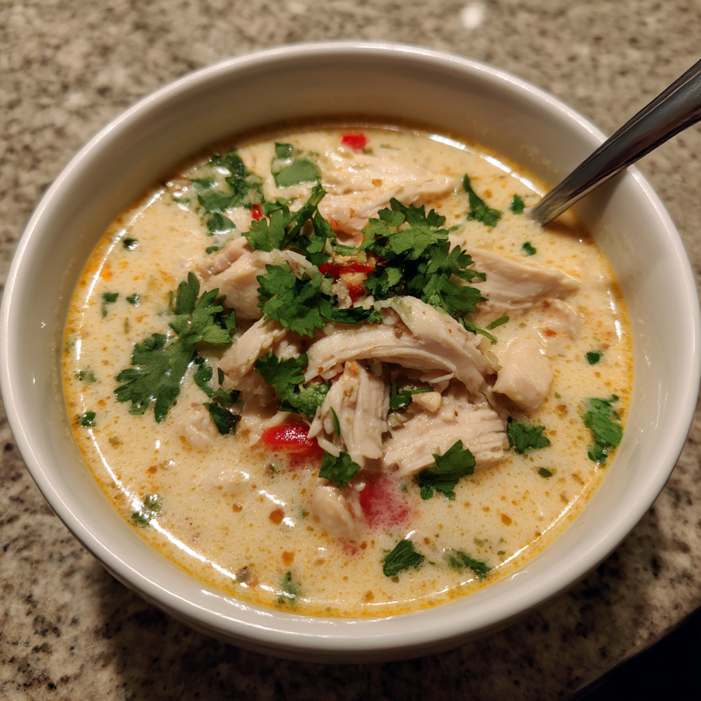 A bowl of soup with chicken and vegetables.