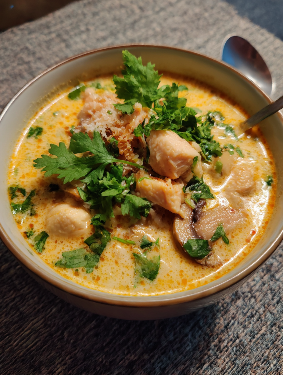 A bowl of soup with vegetables and chicken.