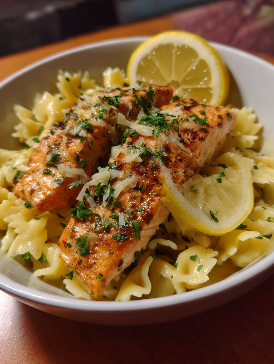 A bowl of pasta with chicken and lemon wedges.