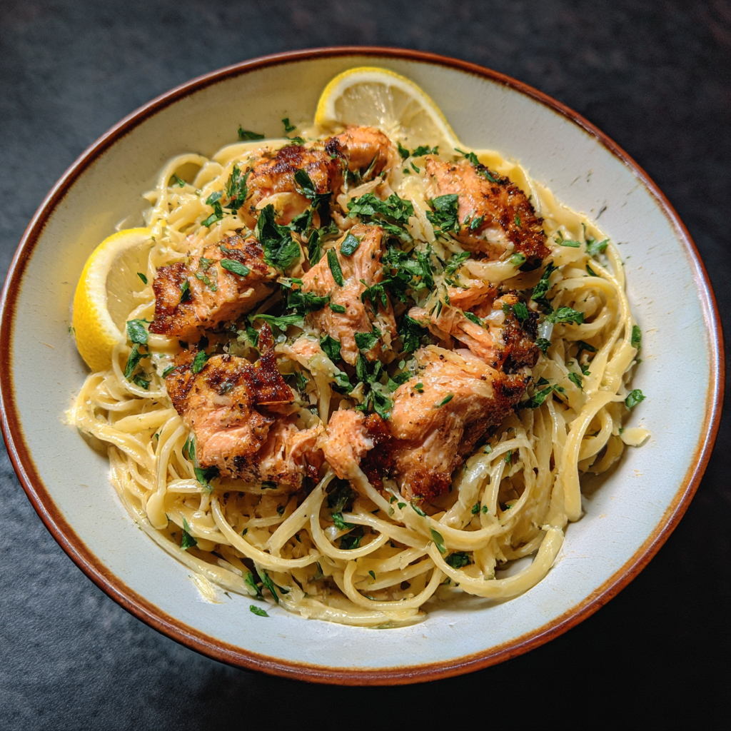A bowl of pasta with chicken and lemon.