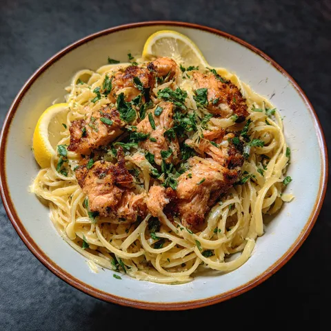 A bowl of pasta with chicken and lemon.