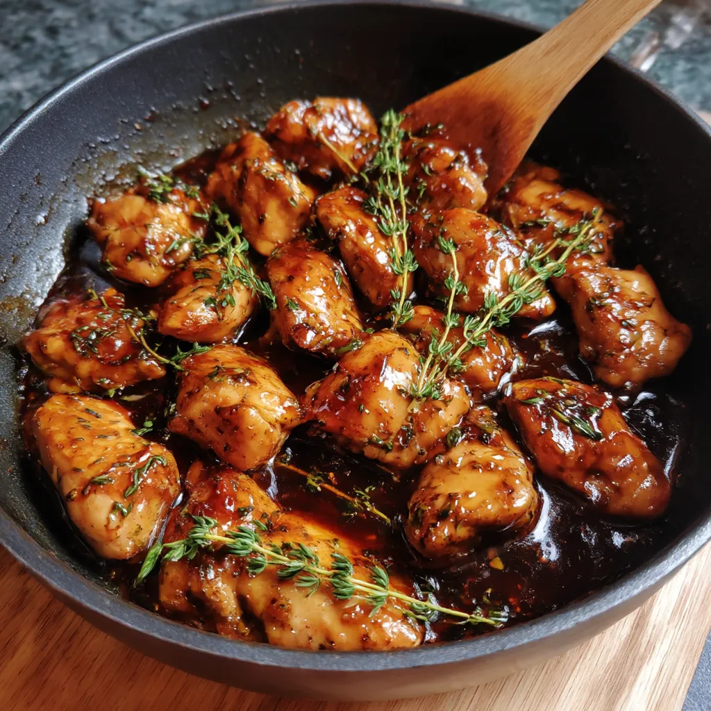 A bowl of chicken with herbs.