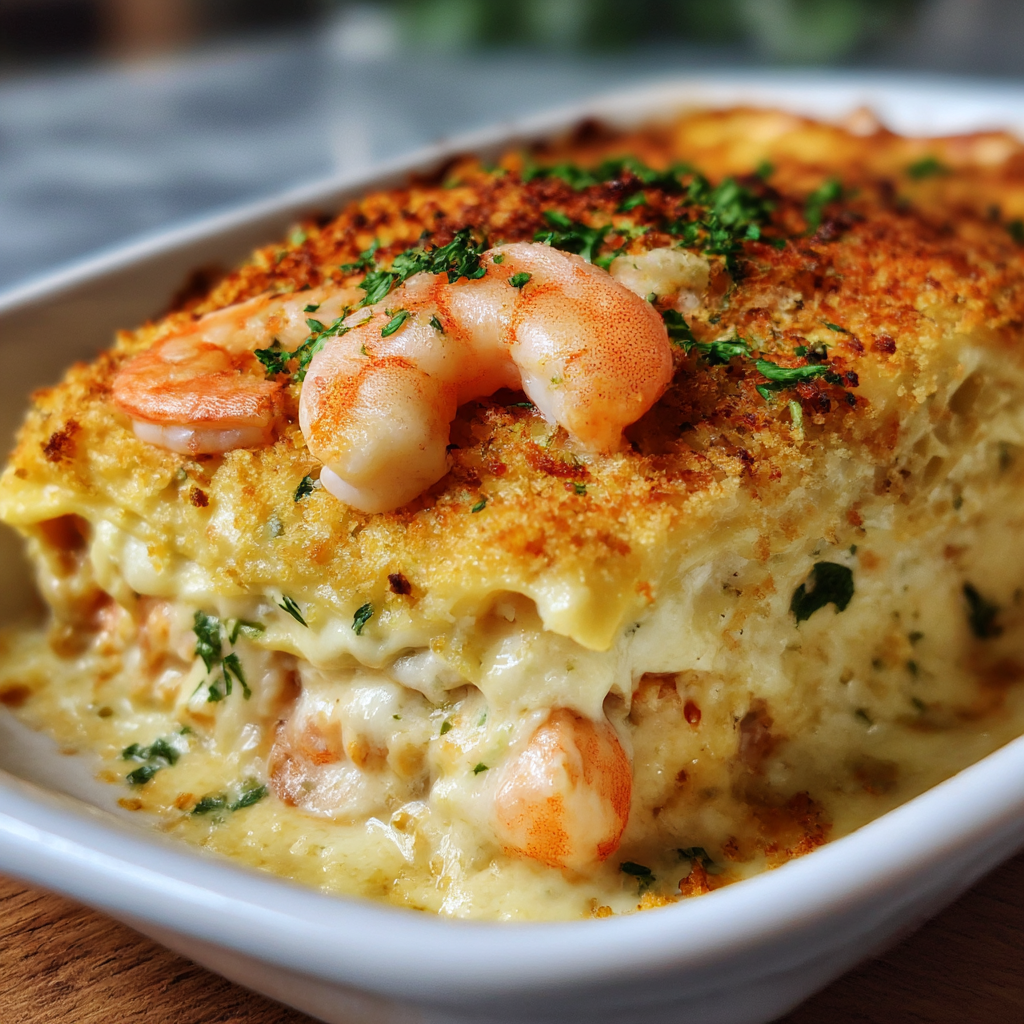 A dish with shrimp and cheese.