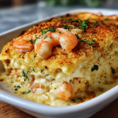 A dish with shrimp and cheese.