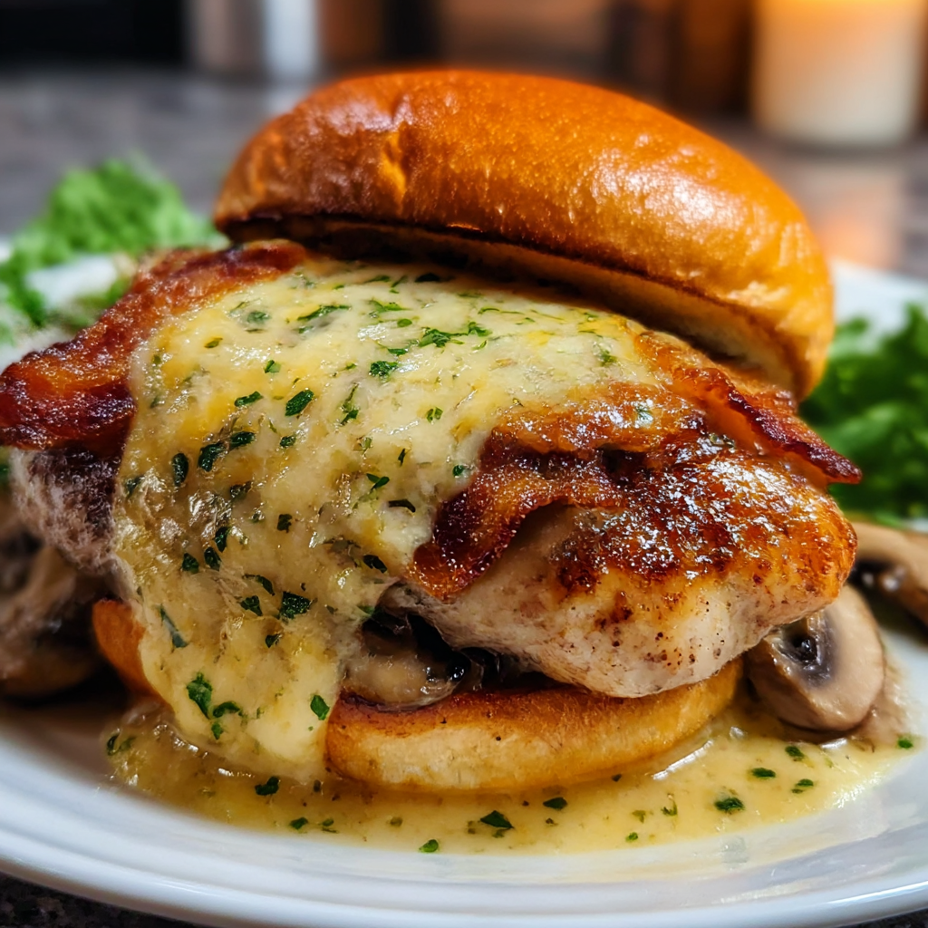 A sandwich with bacon and mushrooms on a white plate.