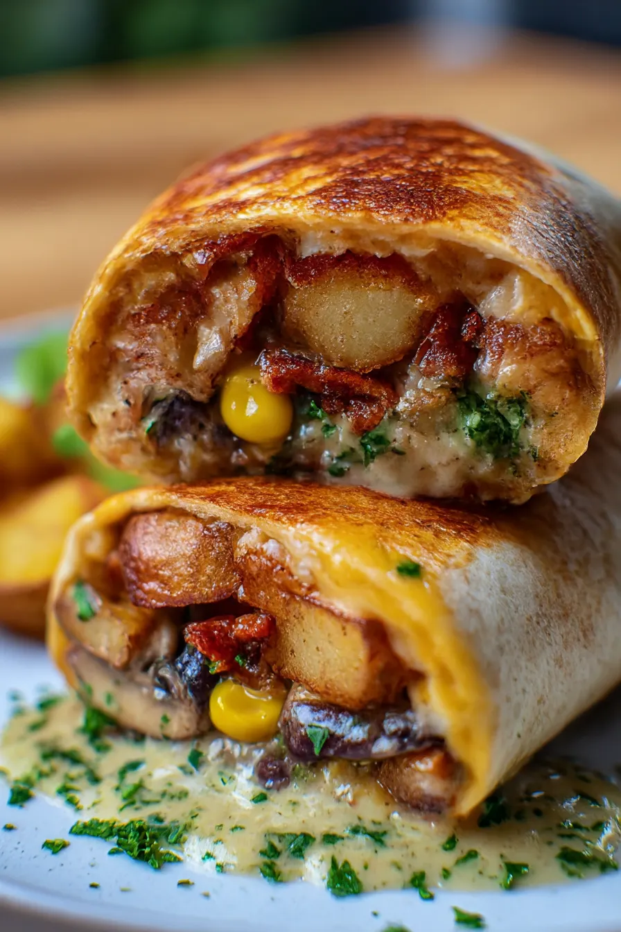 A burrito with mushrooms and potatoes.