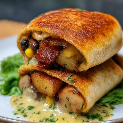 A plate of food with a burrito and a corn dog.