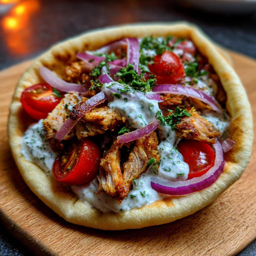 A pizza with meat and vegetables on a wooden board.