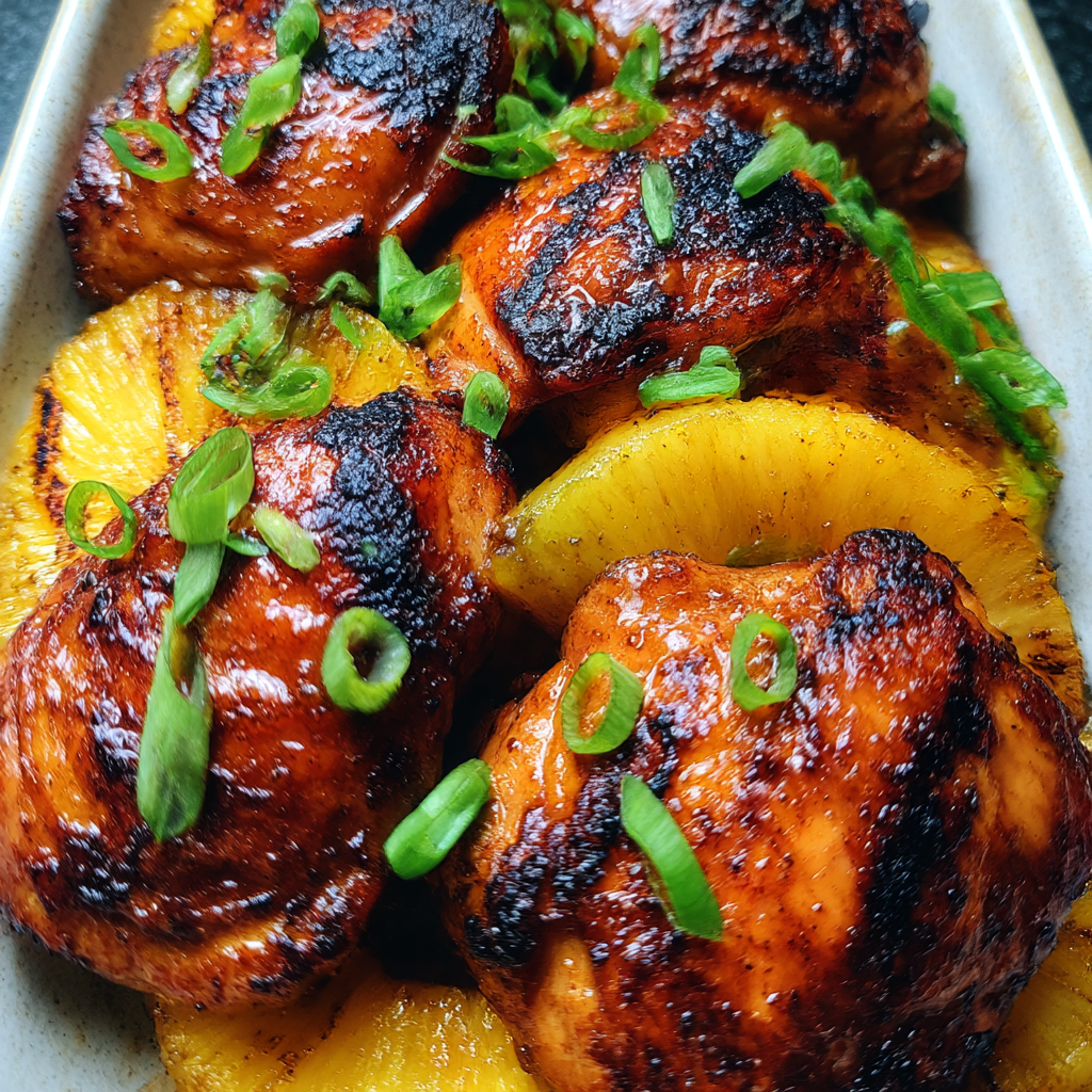 A plate of chicken with green onions.