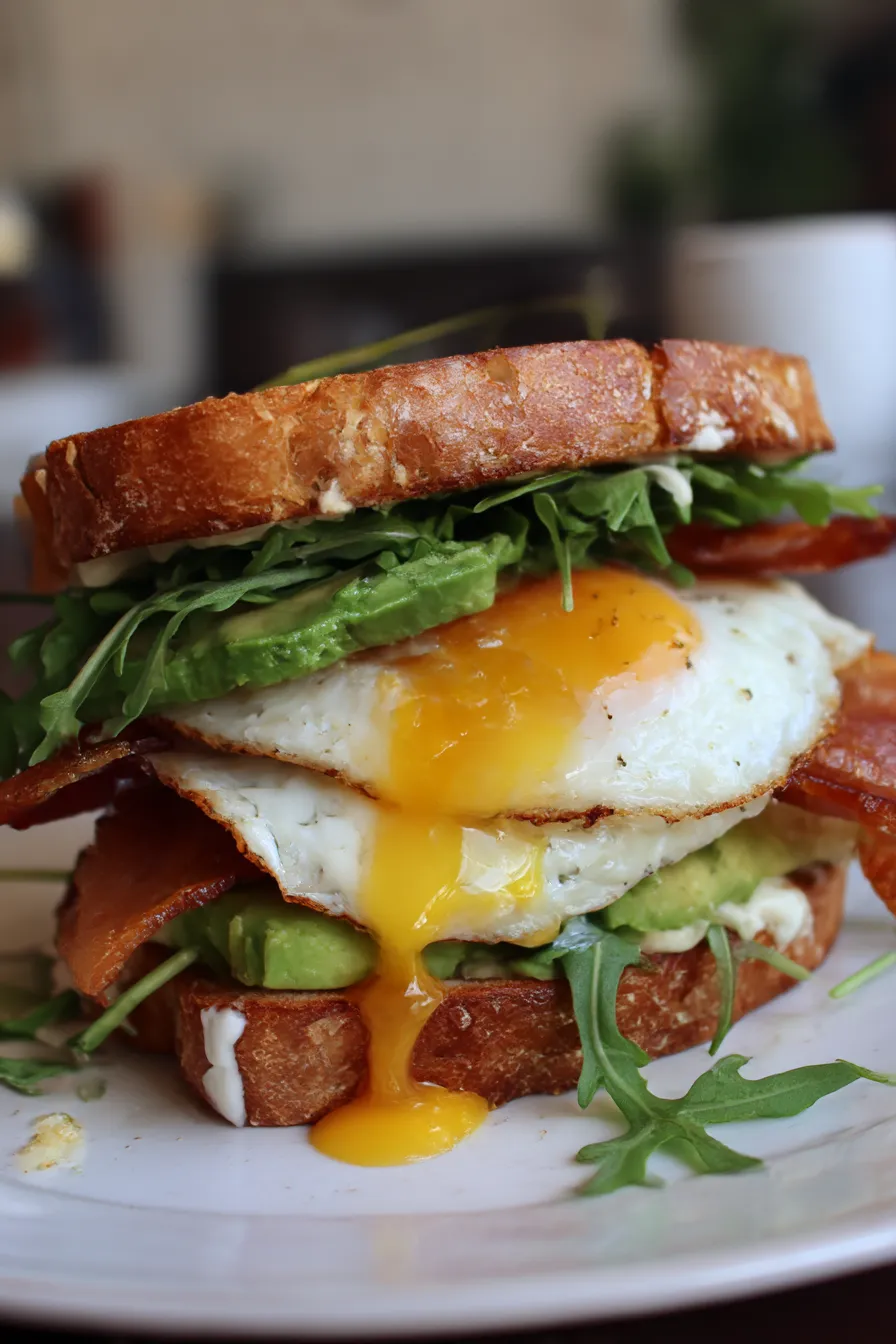 A sandwich with egg, bacon, and avocado.