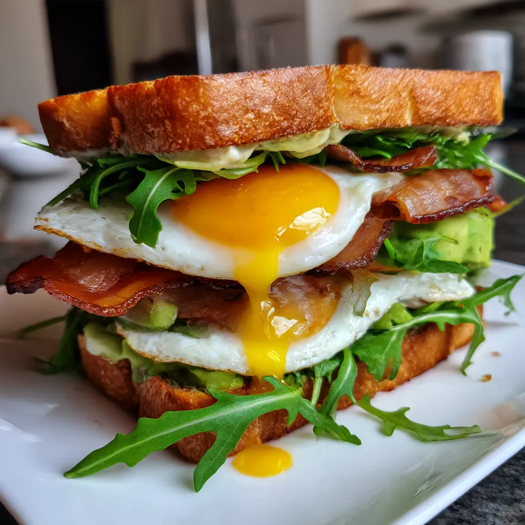 A sandwich with eggs, bacon, and lettuce.