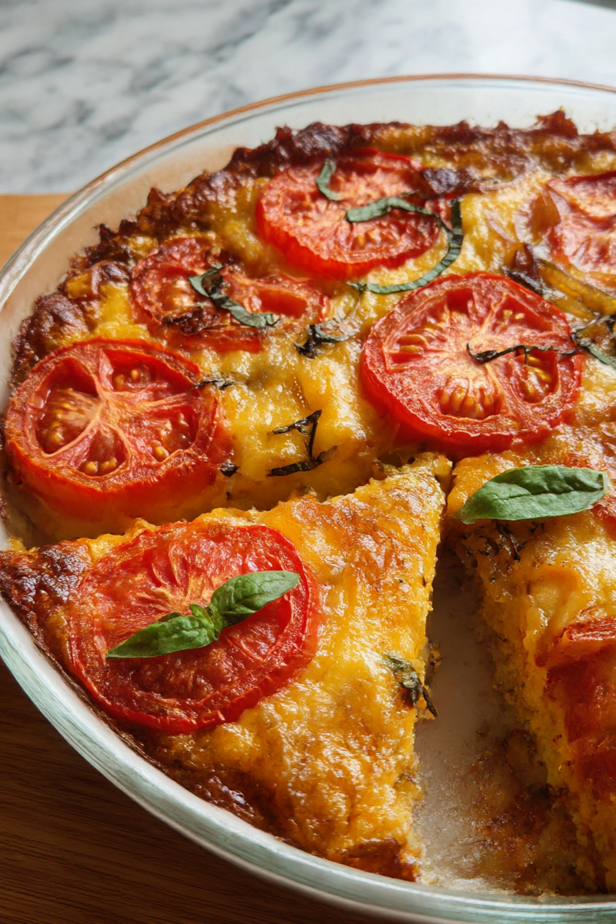 A slice of pizza with tomatoes and basil.