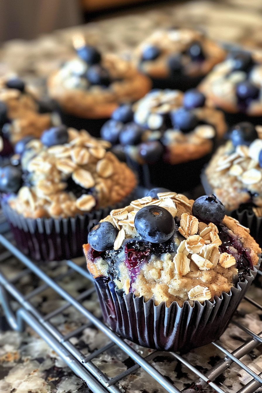 A cupcake with blueberries and oatmeal on top.