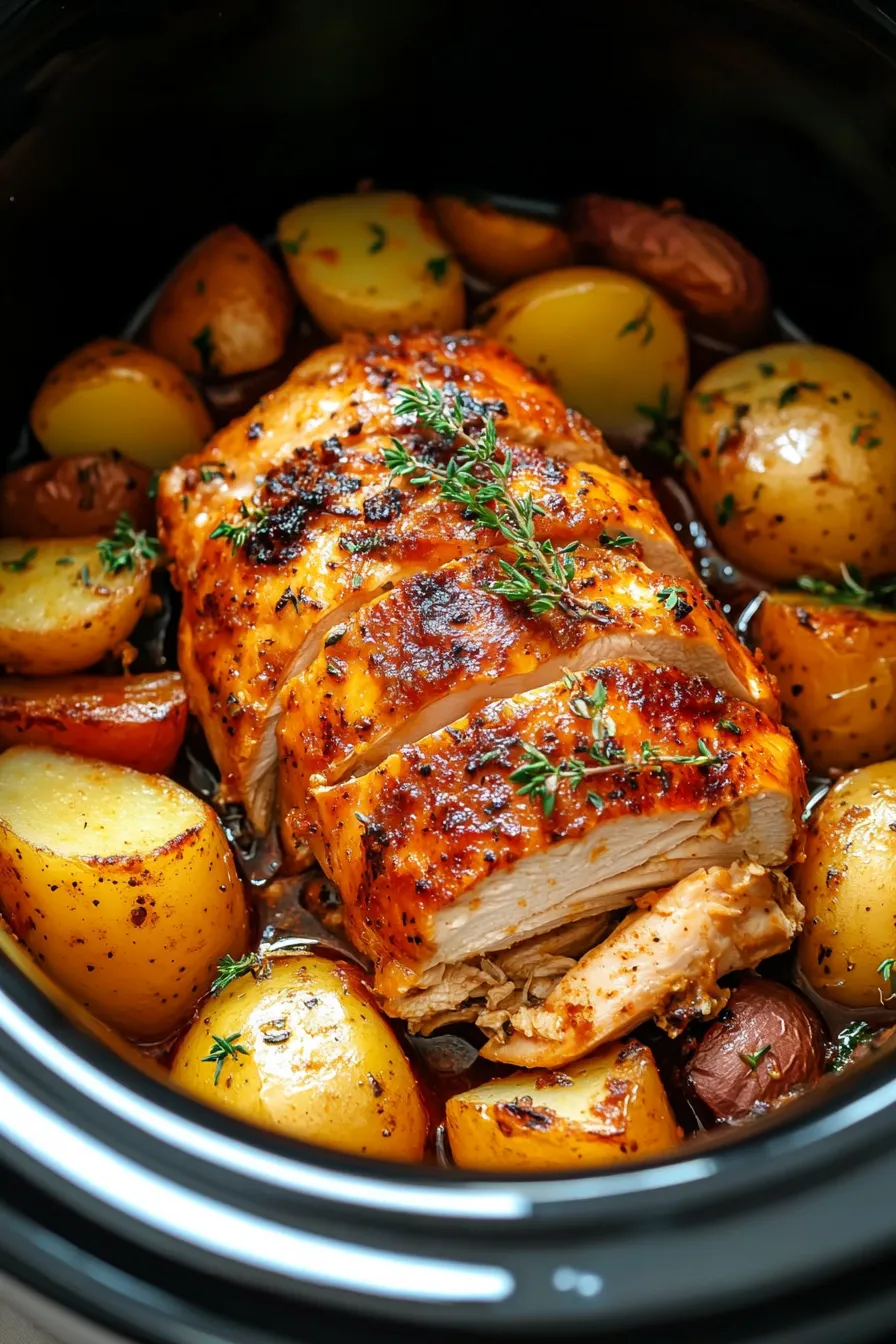 A roasted chicken with potatoes and herbs.
