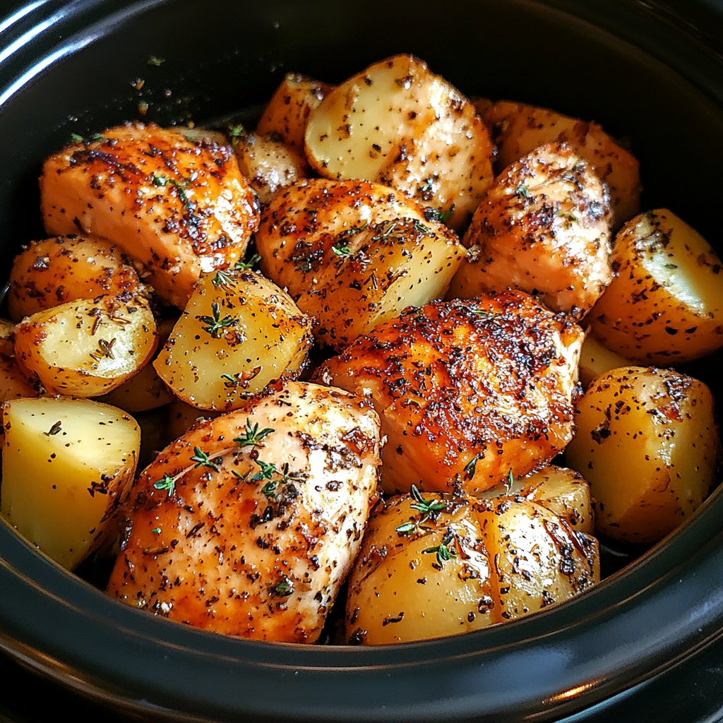 A bowl of chicken and potatoes.