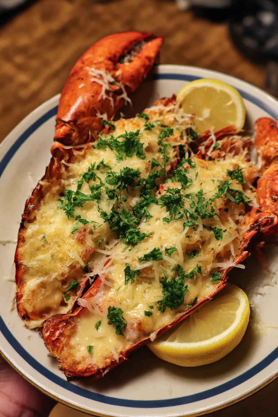 A plate of lobster with lemon wedges.