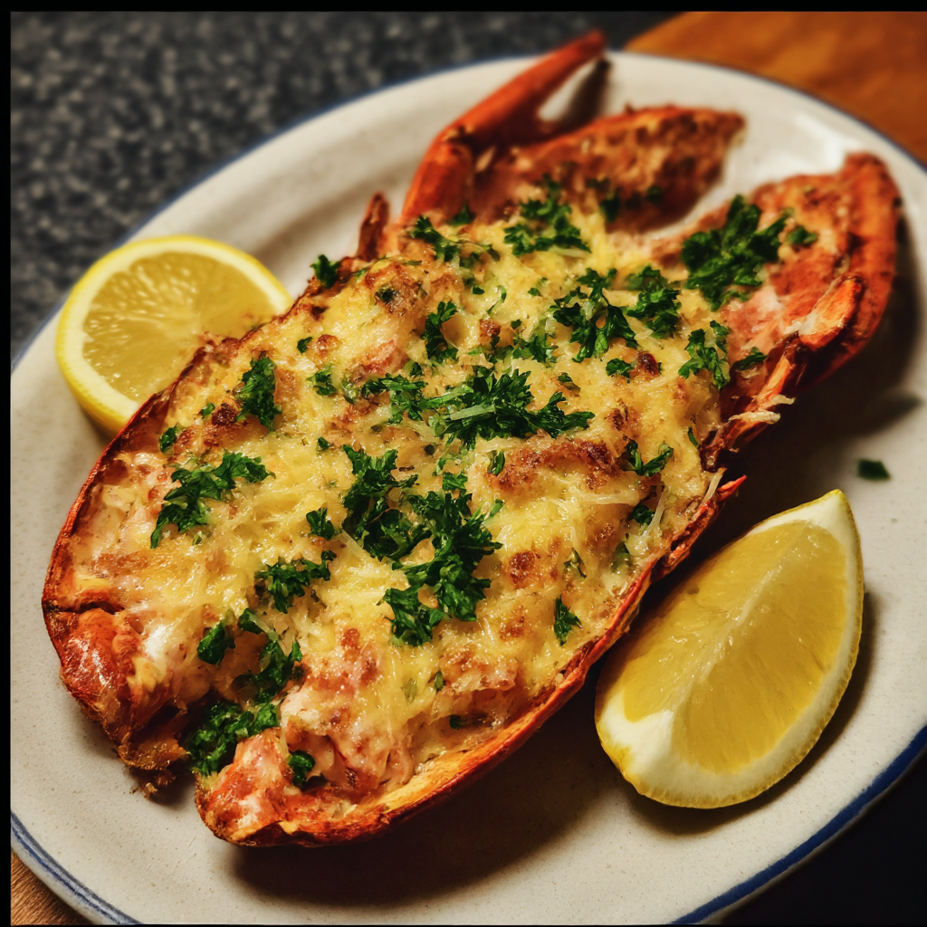 A plate of food with a lemon wedge on the side.