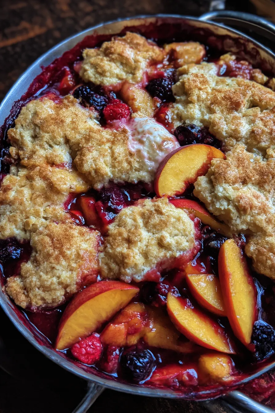 A bowl of fruit with peaches and berries.