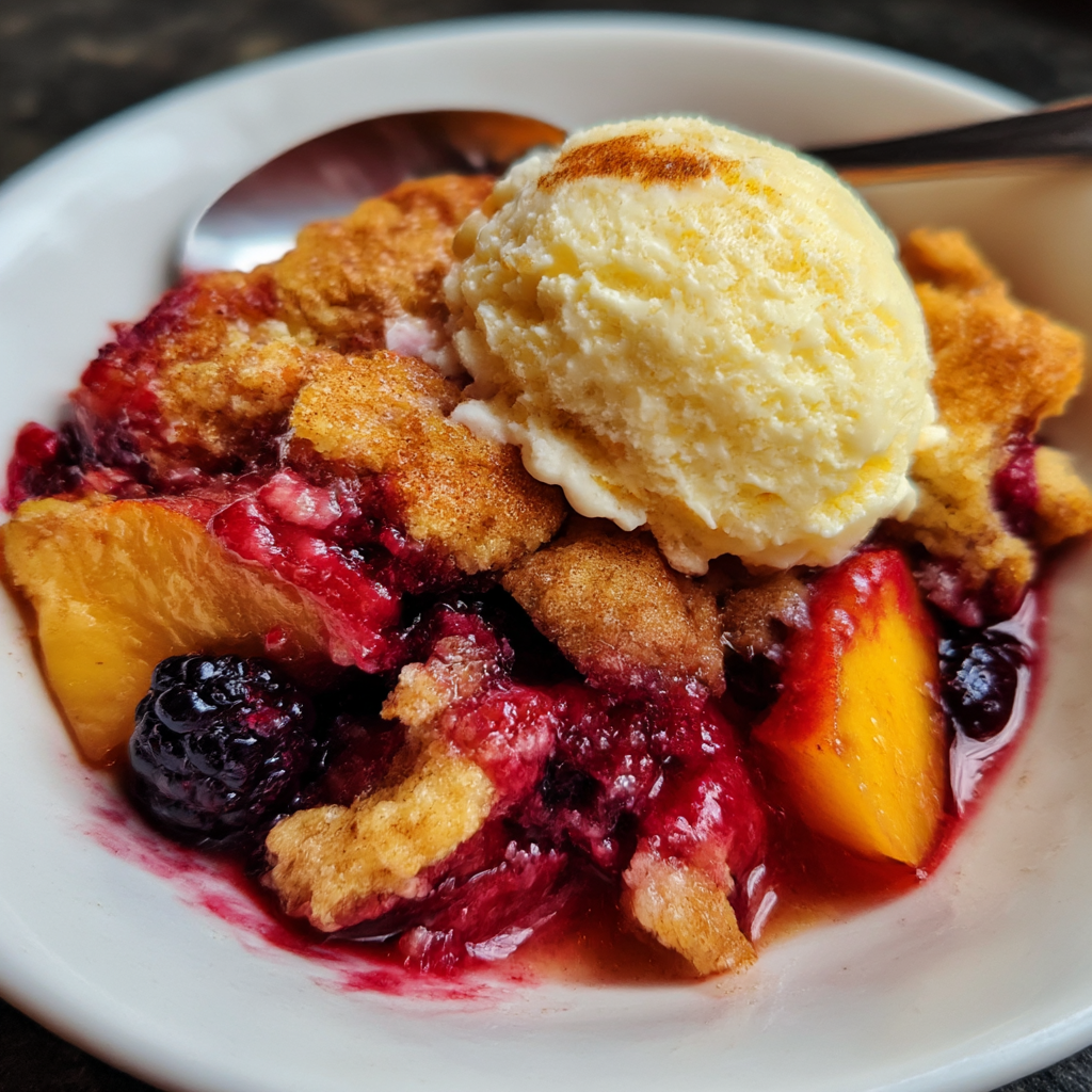 A bowl of fruit with a scoop of ice cream.