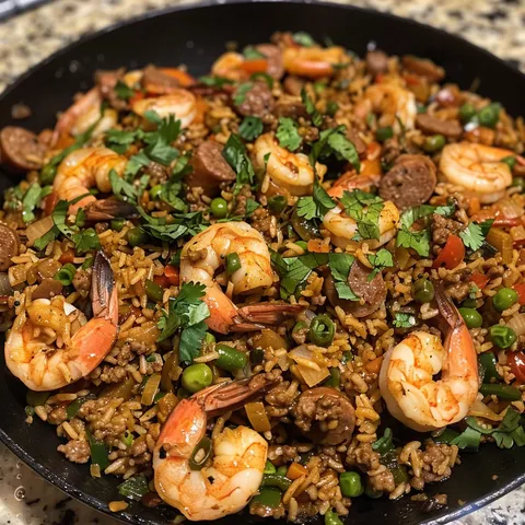 A bowl of shrimp and rice.