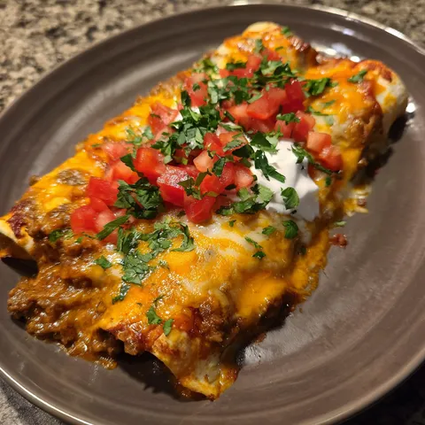 A plate of food with a burrito and tomatoes.