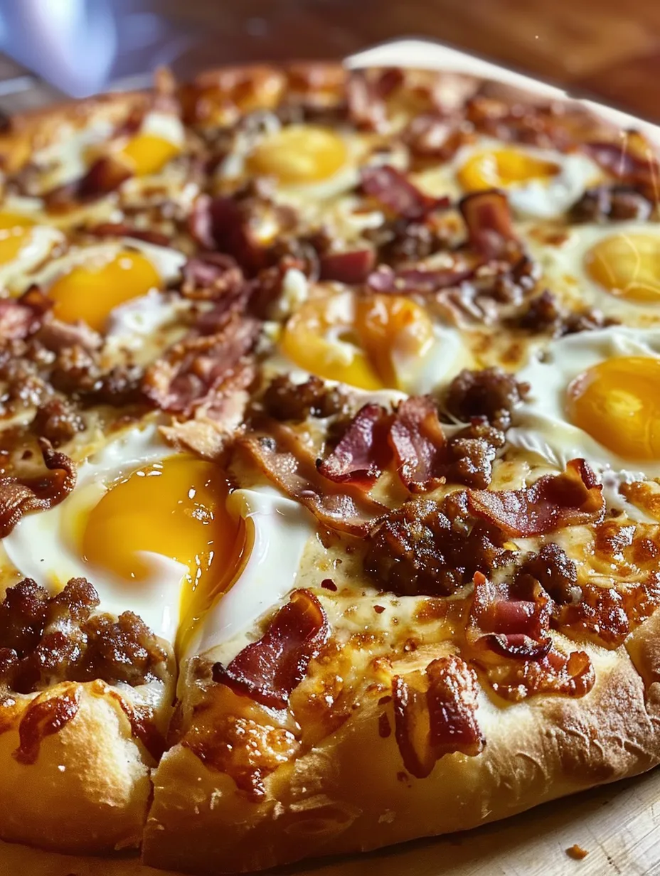 A pizza with eggs and bacon.