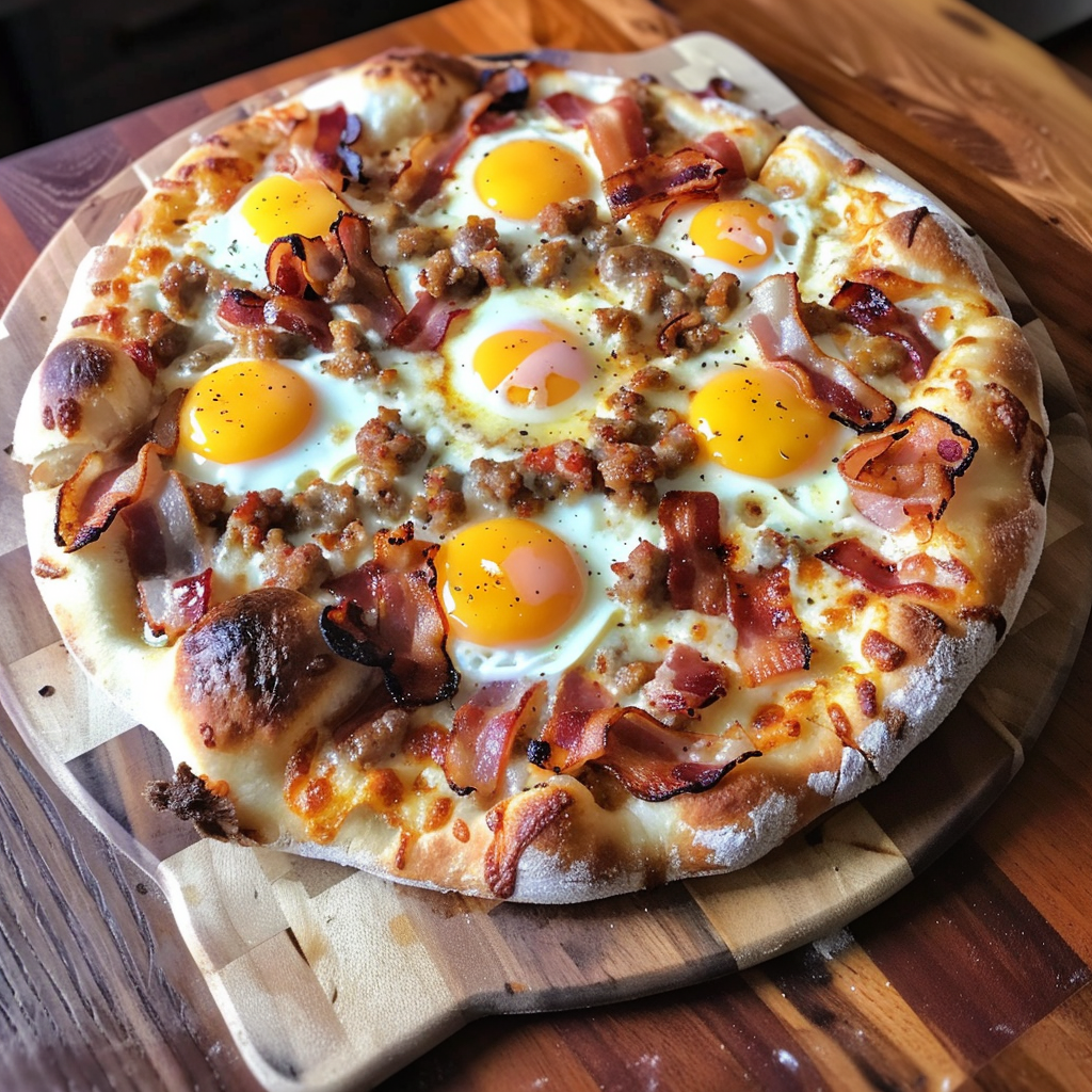 A pizza with eggs and bacon on it.
