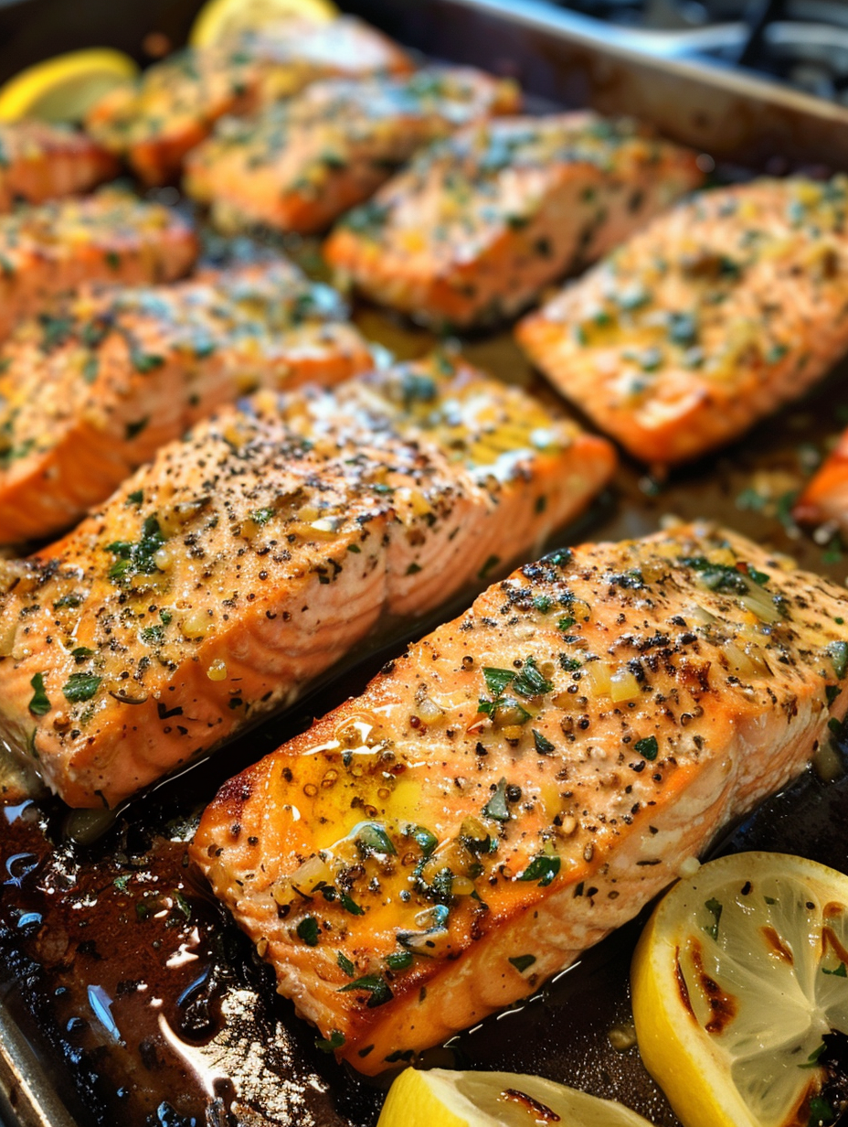 A pan of cooked salmon with herbs.