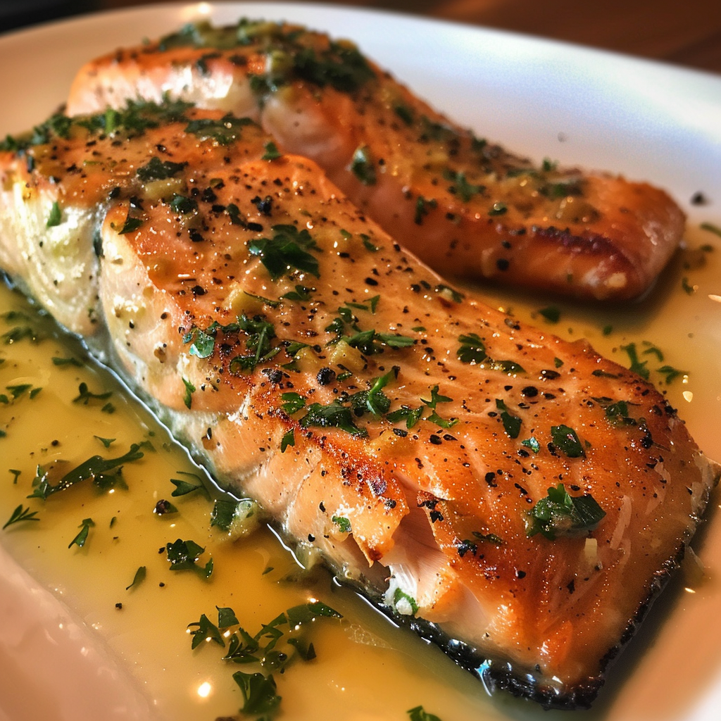 Two pieces of fish on a white plate.