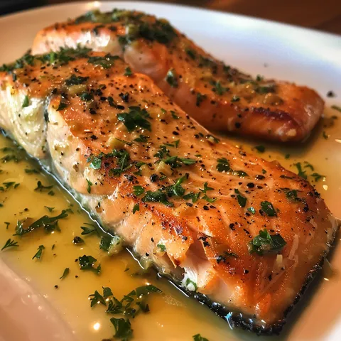 Two pieces of fish on a white plate.