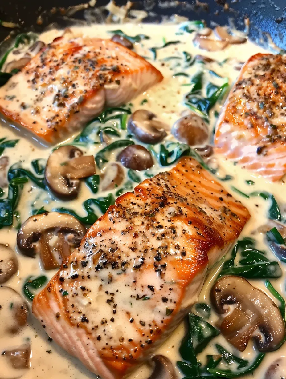 Salmon with mushrooms and greens.