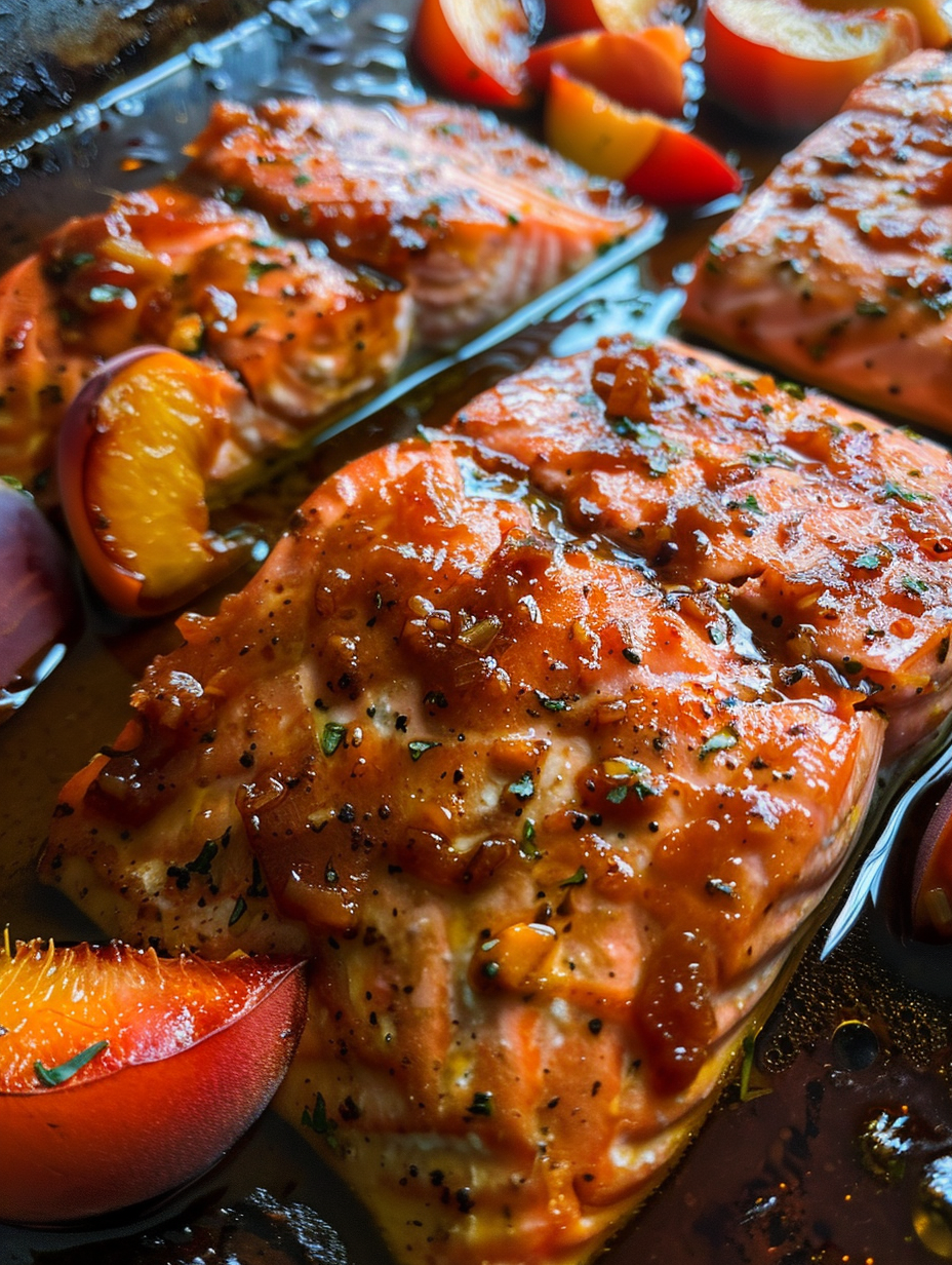 A pan of salmon with a sauce.