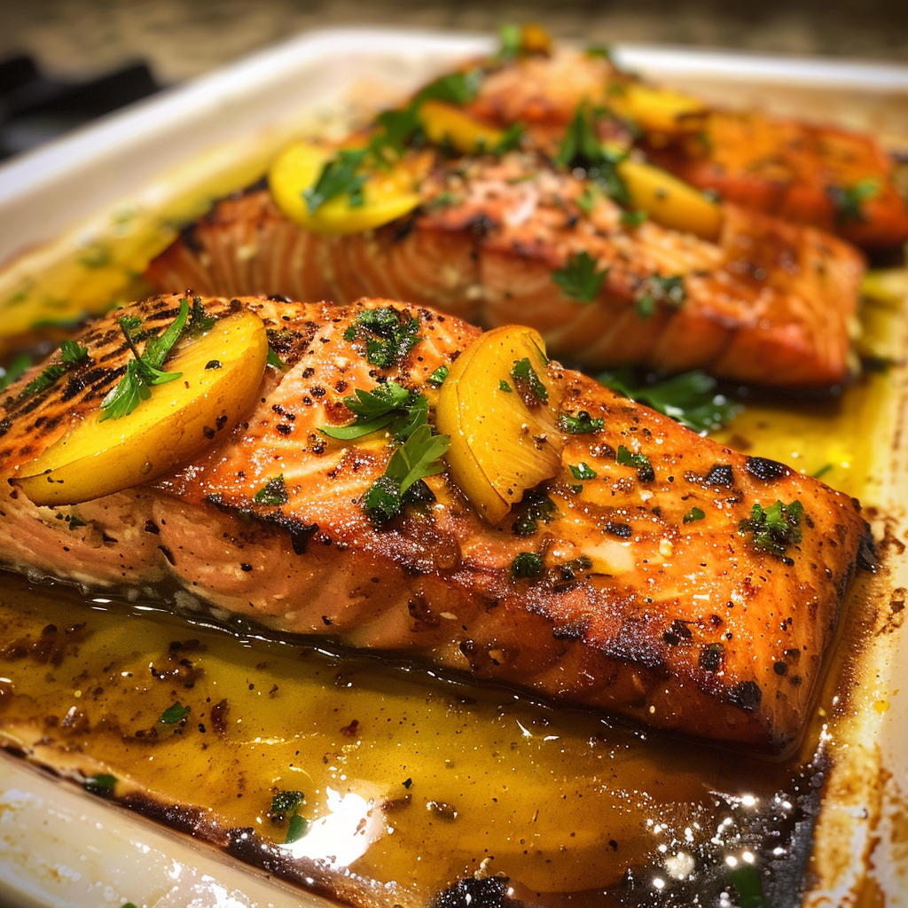 Two pieces of salmon with herbs on top.